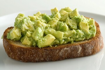 Obraz premium A slice of toasted whole-wheat bread topped with a generous portion of chunky, creamy avocado mash. The avocado is bright green and appears fresh. It sits on a simple white plate