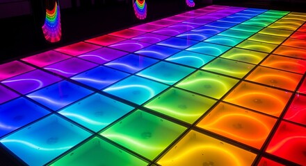 Sound reactive floor lighting up in rainbow tiles