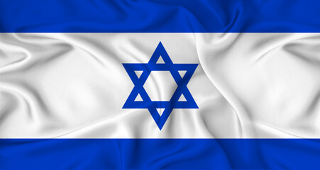 Realistic Israel flag waving. Close up of flag of Israel with cloth texture