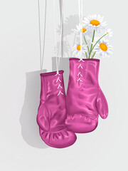 Pink boxing gloves with flowers girl power concept. Feminism handdrawn design for print, advertising, social media. 