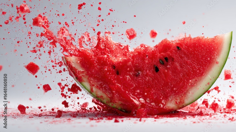 Poster stunning photo of watermelon slice exploding into pieces, red juice splatter on white. sequence show