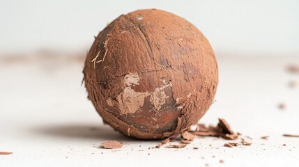 Close-up shot of a coconut, featuring its textured surface and organic details