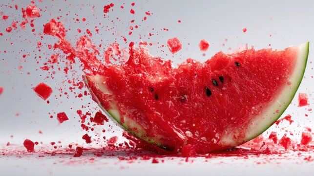 Stunning photo of watermelon slice exploding into pieces, red juice splatter on white. Sequence shows juicy fruit destruction, burst splash in air. Food freshness concept. - Powered by Adobe