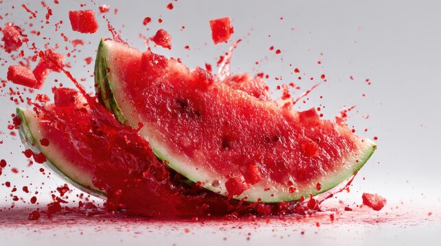 Stunning photo of watermelon slice exploding into pieces, red juice splatter on white. Sequence shows juicy fruit destruction, burst splash in air. Food freshness concept.