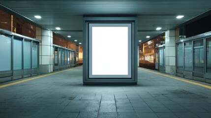 Stunning photo of blank digital billboard mockup in train station platform. Modern design. Empty space for advertisement. Suitable for marketing presentations retail ads.