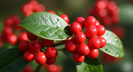 Obraz premium Vibrant close up of red berries with a green leaf