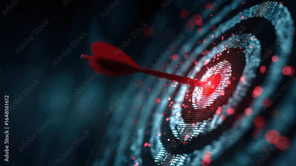 Poster stunning photo of arrow hitting target in the digital realm using data and cyber technologies, highl
