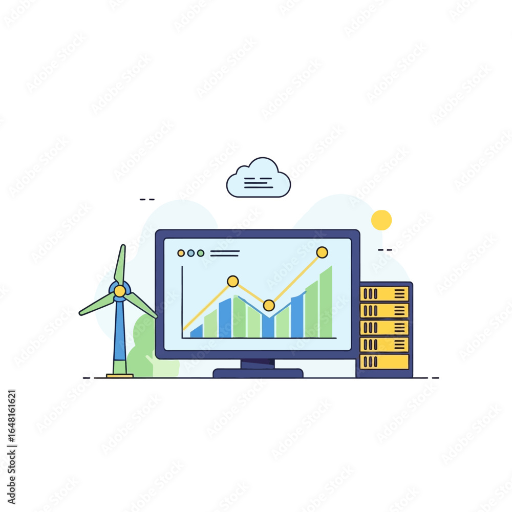 Aufkleber computer monitor displaying a growth chart next to a wind turbine and servers, representing data ana