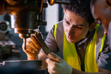 Skilled worker focused on operating machinery in a factory. Wearing high visibility vest and...