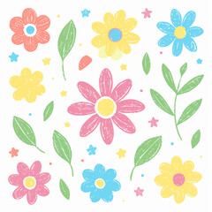 Obraz premium Flower crayon watercolor spring floral set. Hand drawn pastel crayon flower, leaf, plant with chalk texture.