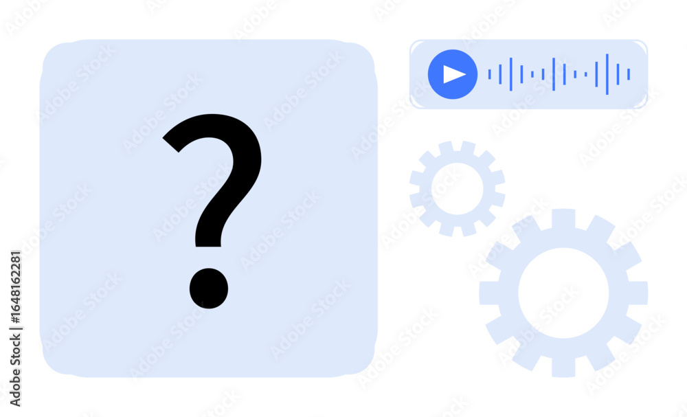 Aufkleber black question mark inside a square, audio player with waveform, and gear icons suggesting inquiry, 