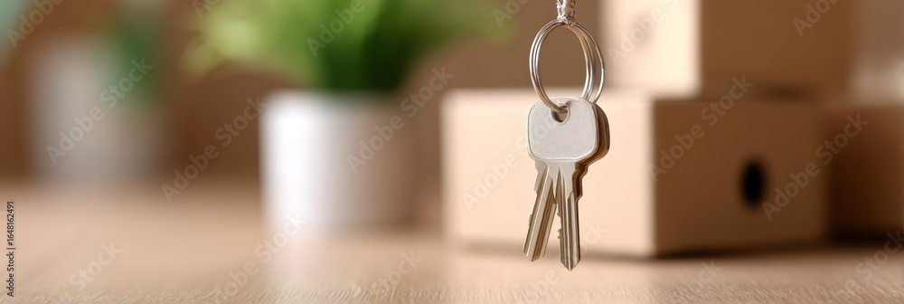 Poster house keys hanging with moving boxes in background. new home ownership concept and relocation for re