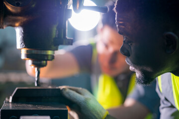 Skilled worker focused on operating machinery in a factory. Wearing high visibility vest and...