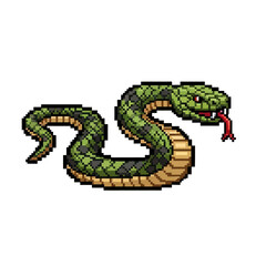 Pixel art illustration of a green snake with its tongue out on a white background.