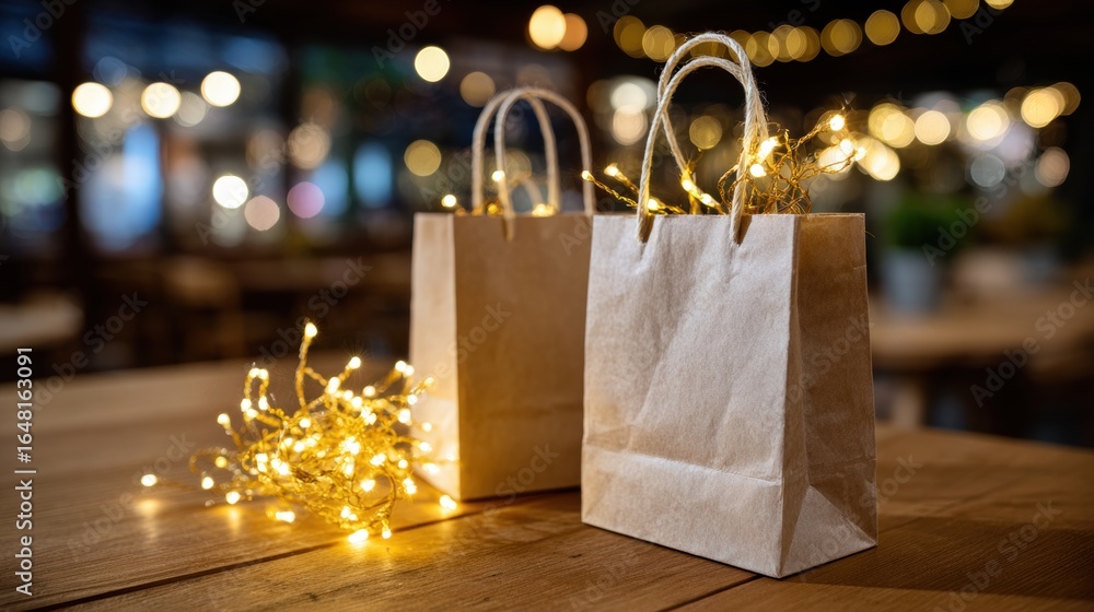 Poster two paper bags with glowing string lights on a wooden table, creating a warm, festive atmosphere wit