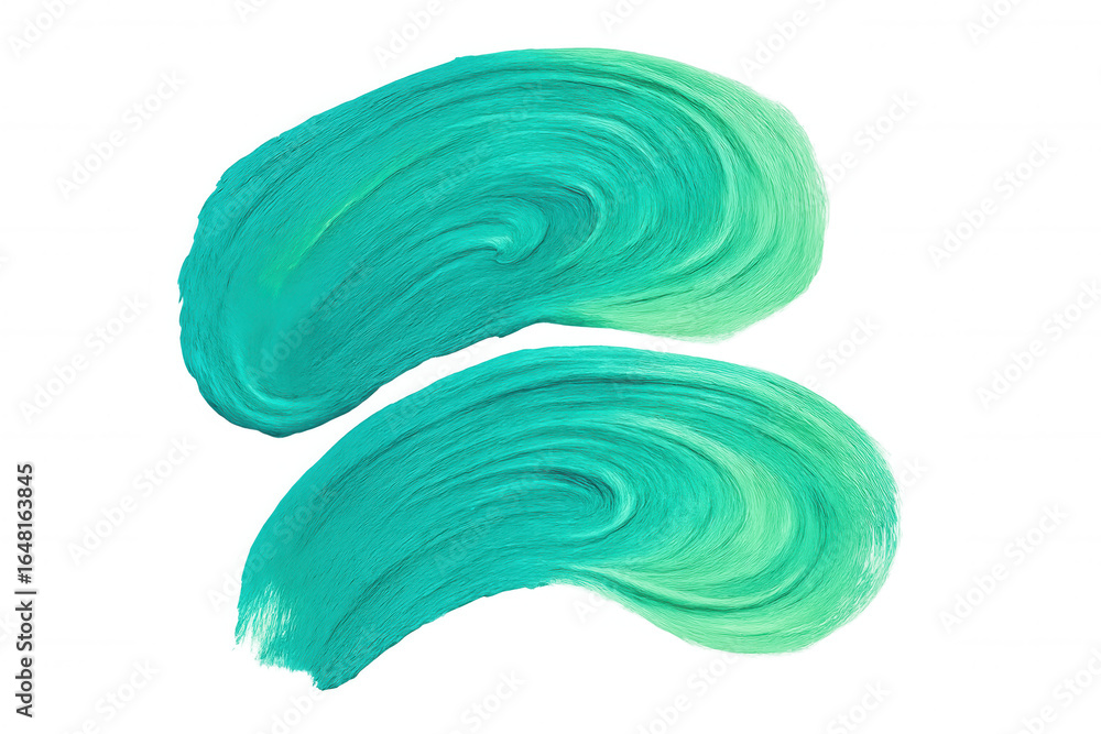 Poster Turquoise and green brushstrokes blending dynamically, creating gradient texture with transparent backdrop, offering colorful artistic graphic design element