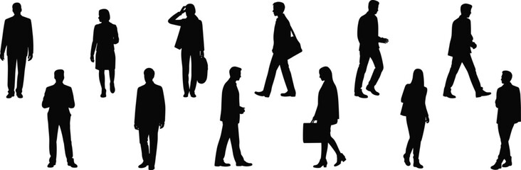 Silhouette business people walking, office professionals in motion, corporate characters in different poses, black vector illustration on white background for design use