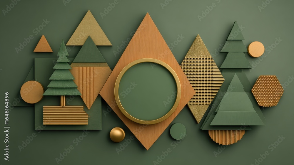 Poster abstract green and gold geometric pattern with sharp lines and metallic textures on a dark backgroun
