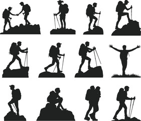 Silhouettes of hikers with backpacks trekking, climbing, helping, and resting, perfect for outdoor adventure, camping, travel, mountaineering, and nature exploration designs