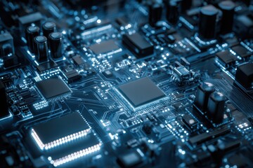 Fototapeta premium circuit board with glowing components and microchips