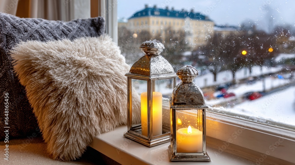 Poster cozy winter scene with lit lanterns and fluffy pillows by a snowy window, creating a warm and inviti