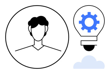 Male avatar inside circle beside light bulb with gear inside and cloud below. Ideal for creative thinking, innovation, teamwork, productivity, leadership, brainstorming, problem-solving. Simple flat