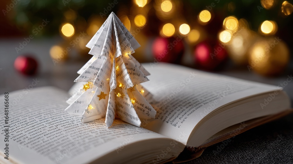 Poster a paper christmas tree with star lights on an open book, surrounded by festive bokeh and ornaments i