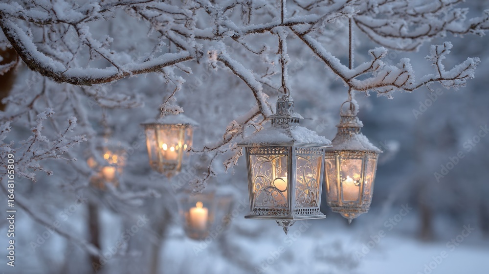 Poster snow-covered branches with glowing lanterns create a serene winter scene, evoking warmth and tranqui