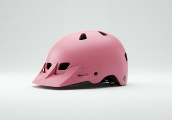 Fototapeta premium Matte pink mountain bike helmet with extended rear coverage and protective visor for trail riding and off-road cycling safety