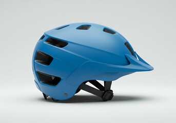 Fototapeta premium Matte blue mountain biking helmet with aerodynamic visor and ventilation system for trail cycling and outdoor recreation safety equipment