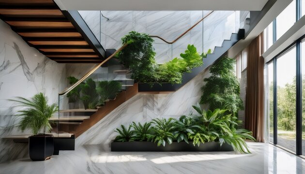 indoor marble staircase with interplanted greenery