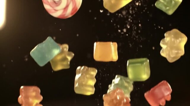 Sweet Delights: A colorful assortment of gummy candies and a swirled lollipop float in mid-air. This eye-catching visual celebrates the joy of treats, perfect for conveying themes of fun, indulgence.