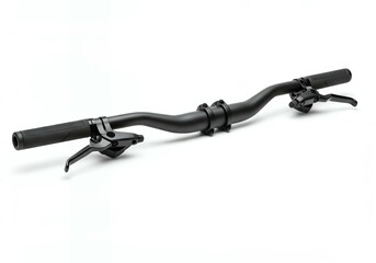Modern black aluminum mountain bike handlebar with ergonomic curve and rubber grips, studio product photography on white background