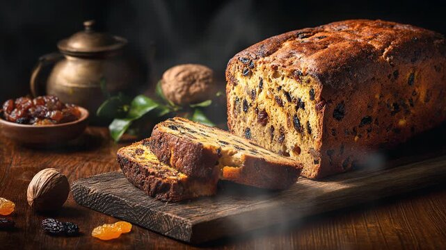 Barmbrack fruit bread irish food on dark background with smoke