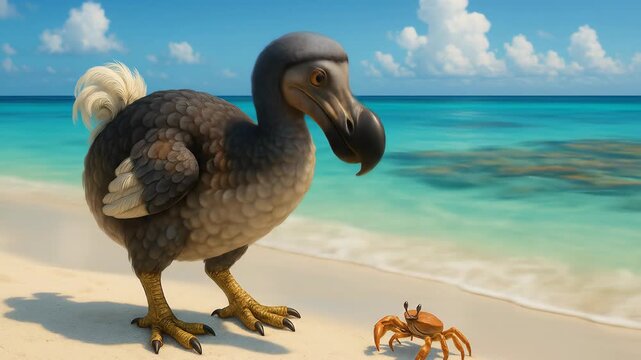 Dodo Bird and Crab Encounter on Tropical Beach