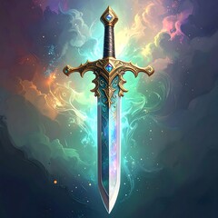 Enchanted sword against ethereal clouds