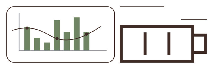 Bar graph with a trend line inside a rectangle next to an outlined battery icon. Ideal for performance tracking, energy, sustainability, growth, analytics, efficiency, technology themes. Minimal flat