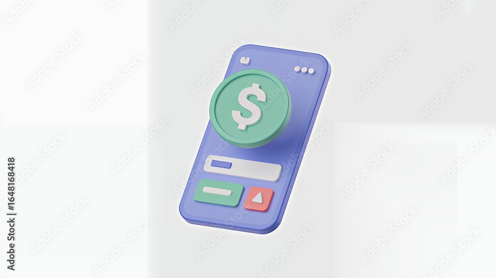 Poster 3d rendering of a smartphone with a dollar coin, representing mobile payment and financial technolog