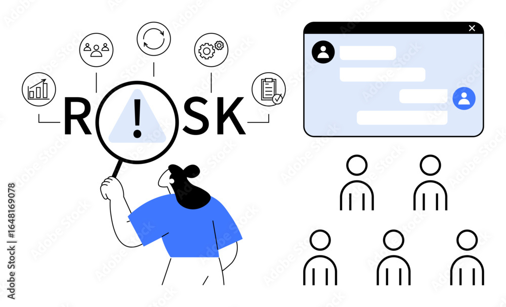 Poster person examining risk through icons such as data, team, process, and communication. chat window and 