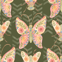 Watercolor butterfly seamless pattern on green background