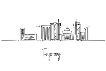 Fototapeta premium Tangerang city skyline single line drawing with mosques, towers and urban blocks. Banten province theme, Indonesia cityscape subject for travel marketing, posters, editorial visuals and decor.