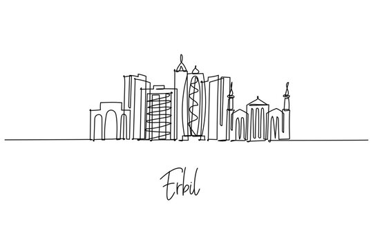 Erbil city skyline single line drawing highlighting Erbil Citadel, Sami Abdulrahman Park towers and mosques. Kurdistan Iraq theme, cityscape subject for travel posters, souvenirs, branding and decor.