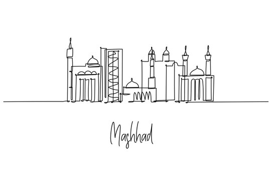 Mashhad city skyline continuous line drawing showcasing Imam Reza Shrine, mosques and buildings. Iran theme, cityscape subject useful for travel posters, souvenirs, branding, editorial and decor.