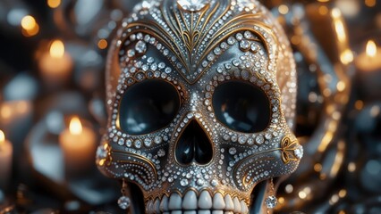 Fototapeta premium Opulent Diamond-Encrusted Calavera Glimmering in Soft Candlelight