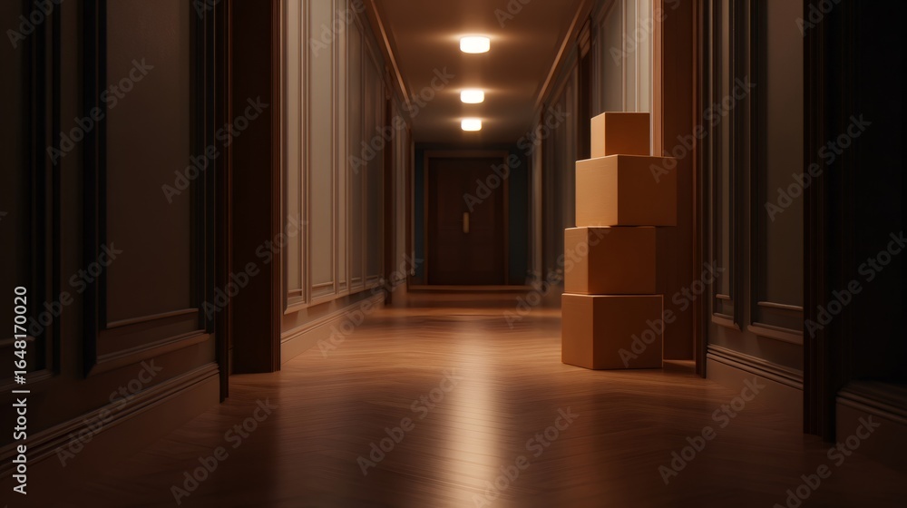 Poster stack of moving boxes in an empty hallway. relocation concept for new home or apartment transition, 