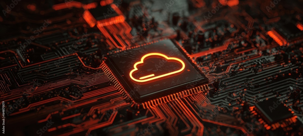 Poster the glowing cloud processor on a futuristic circuit board representing cloud computing infrastructur