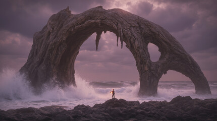 Fototapeta premium Generative AI Coastal Archway Explorer at Dusk Stone arch Sea Ocean Waves Rocks Twilight Person Lantern Light Landscape Stormy Moody Outdoors Nature Seascape Adventure - Modern Look