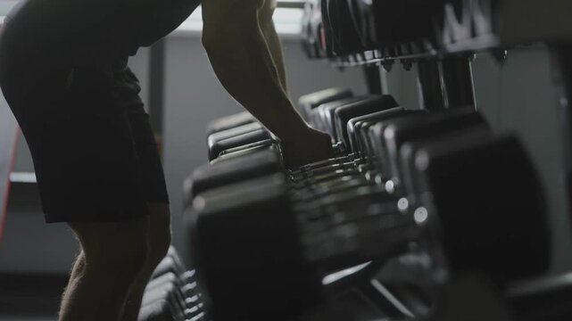 Man selecting Dumbbell Rack in Gym Exercising Equipment for Effective Workouts