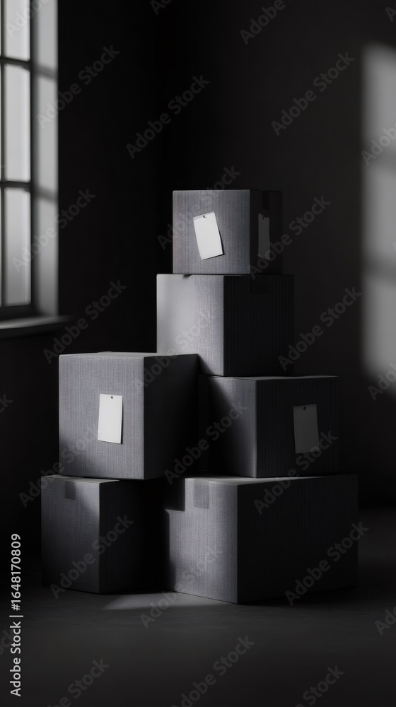 Poster stack of moving boxes with blank labels in a dark room. relocation and home moving concept for logis