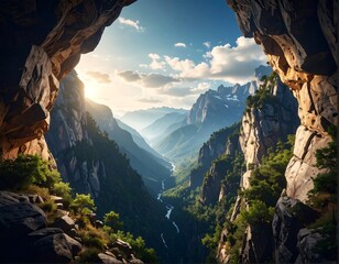 Fototapeta premium Breathtaking mountain vista through a cave opening